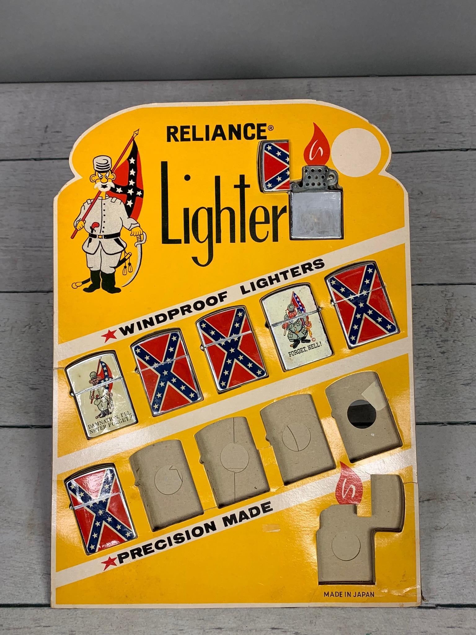 Reliance Lighter Store Display with Lighters - Confederate Flag, Soldier 1960s: Includes 7 lighters and store display. In house shipping is available. Pickup is Tuesday, Oct. 29 from Noon to 7 pm at our offices in Carroll, OH 43112 or we will provide in-house shipping for this it