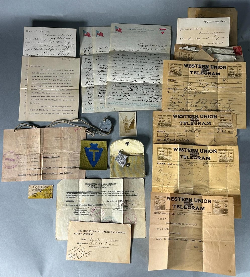 WWI U.S. 36th Division Ided Group - Paul Galvin - Co Founder of MOTOROLA: World War One grouping of Paul Galvin, a Lieutenant in the 131st Field Artillery of the 36th Infantry Division - Texas Division. . This grouping includes his dog tag, annotated photograph of Galvin in