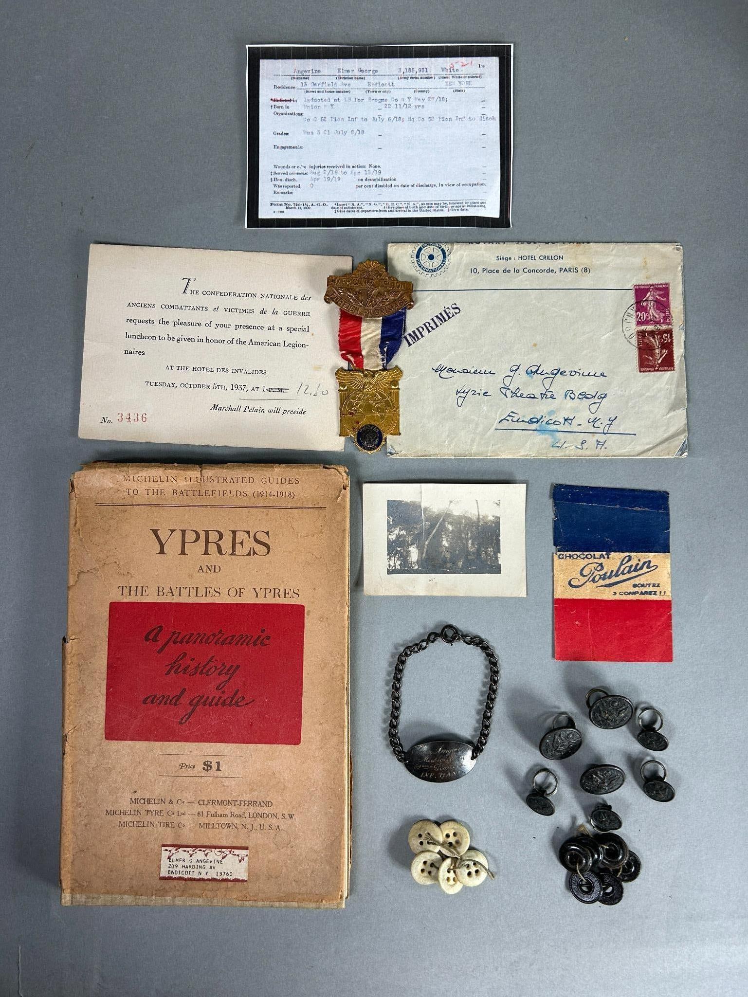 WWI U.S. AEF Identified Group - 52nd Pioneer Infantry Regiment - Musician - New York Veteran: World War One grouping identified to Elmer G. Angevine, 52nd Pioneer Infantry, of Endicott, Broome County, New York. Included in this grouping is; 1. Angevine's French Theater made ID identification b