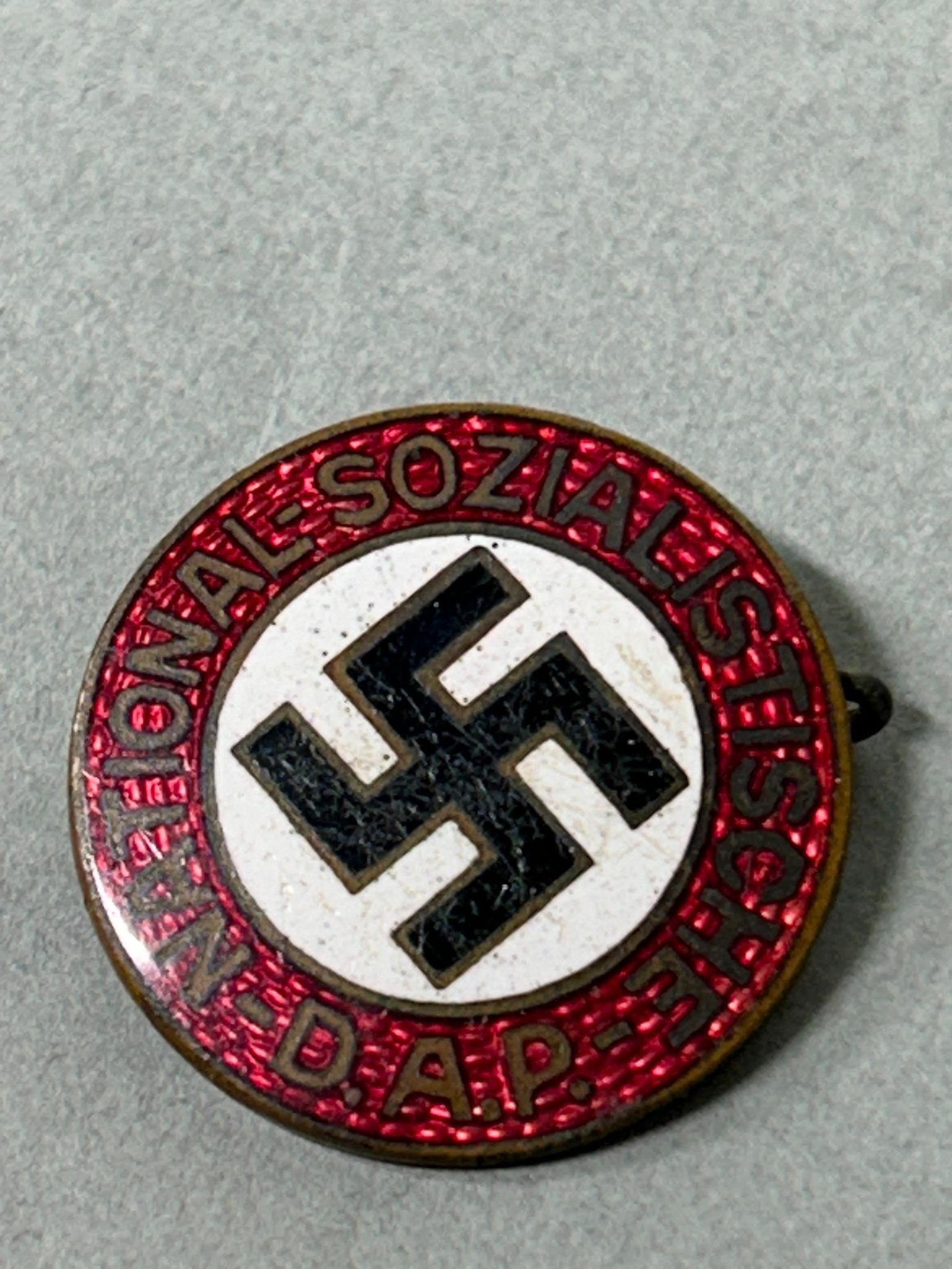 WWII Nazi German NSDAP Party Pin: World War Two Nazi German party pin with manufacturer's stamp and GES. GESCH mark. In-house shipping is available. Open pickup is Tuesday, Oct. 29 from Noon to 7 pm at our offices in Carroll, OH 43112