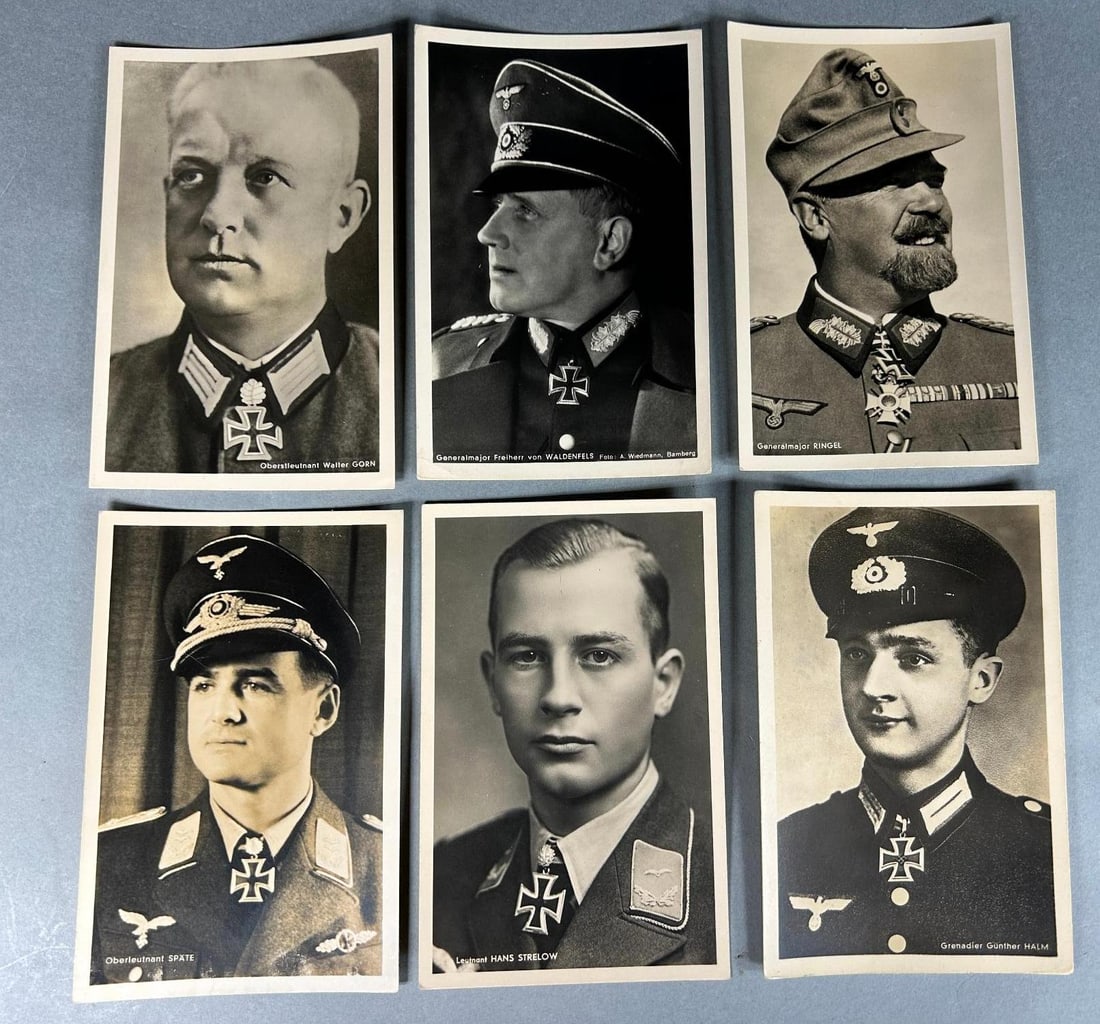 WWII Nazi German Hoffmann Real Photo Postcards RPPC of Knight's Cross Recipients: World War Two Nazi German Real Photo postcard lot RPPC of six Hoffmann, Munich postcards featuring recipients of the Knight's cross of the Iron Cross. The postcards are war time period, not later repr