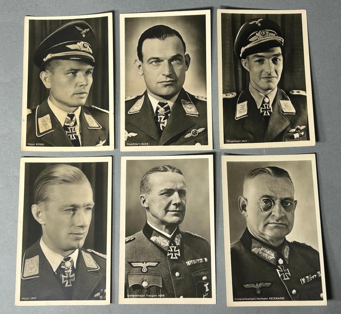 WWII Nazi German Hoffmann Real Photo Postcards RPPC of Knight's Cross Recipients: World War Two Nazi German Real Photo postcard lot RPPC of six Hoffmann, Munich postcards featuring recipients of the Knight's cross of the Iron Cross. The postcards are war time period, not later repr