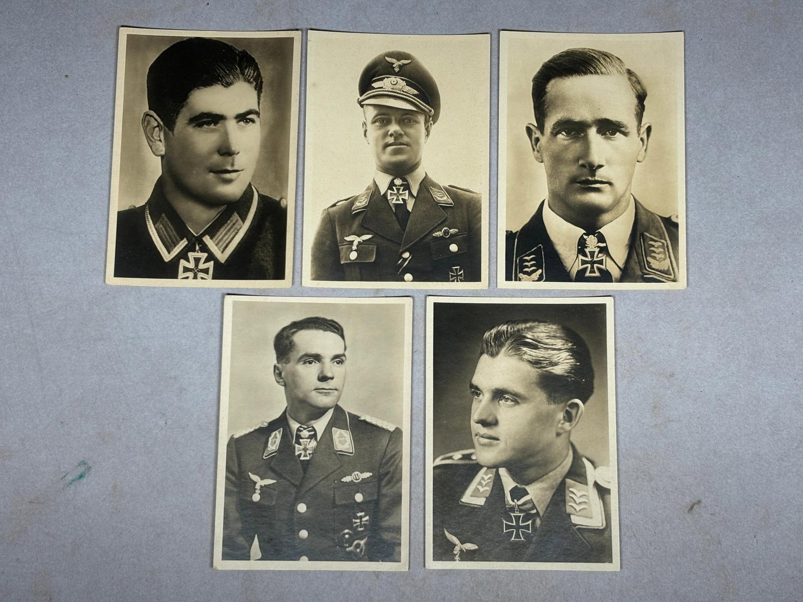 WWII Nazi German Hoffmann - Strassberg Real Photo Postcard RPPC Lot of Knight's Cross Recipients: World War Two Nazi German Real Photo postcard lot RPPC of five Hoffmann - Strassberg postcards featuring recipients of the Knight's cross of the Iron Cross. The postcards are war time period, not late