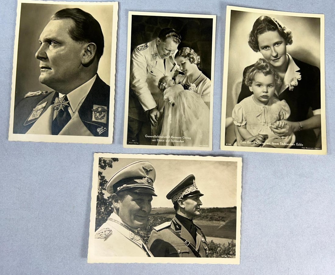 WWII Nazi German Hermann Goering RPPC Postcard Lot by Ross Verlag and Rohr: World War Two Hermann Goering Real Photo Postcard lot. Two cards feature Goering with his wife Emmy and daughter Edda, one of Goering himself and the fourth card shows Goering with Odoardo Dino Alfier