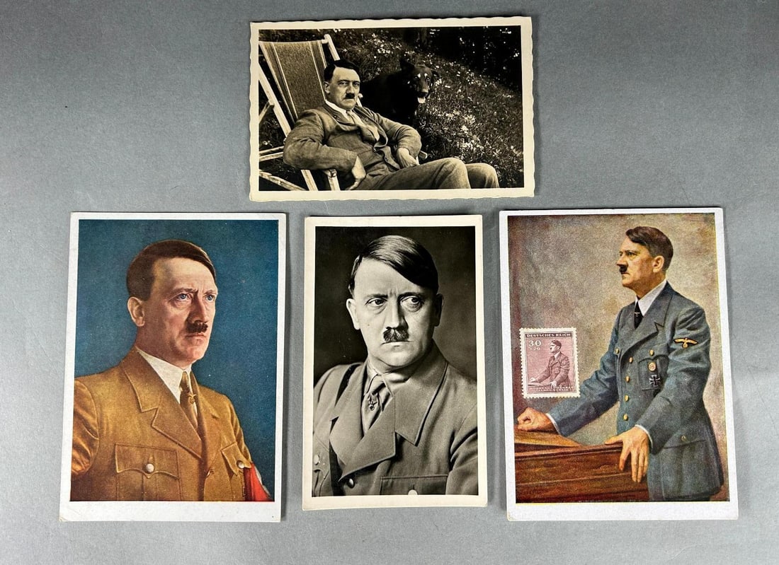 WWII Nazi German Adolf Hitler Postcard Lot Heinrich Hoffmann: World War Two Hoffmann - Munich Postcard lot of Adolf Hitler. Included are two RPPCs (real photo postcard) including Hitler sitting in an outdoor reclining chair with one of his German Shepherd dogs a