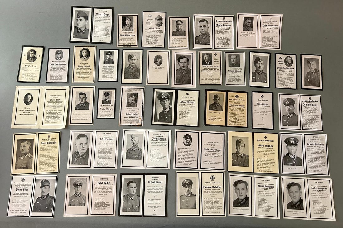 WWII Nazi German Death Card - Sterbebild Lot: World War Two group of 40 German death cards - sterbebild. In-house shipping is available. Open pickup is Tuesday, Oct. 29 from Noon to 7 pm at our offices in Carroll, OH 43112 or we will provide in-h