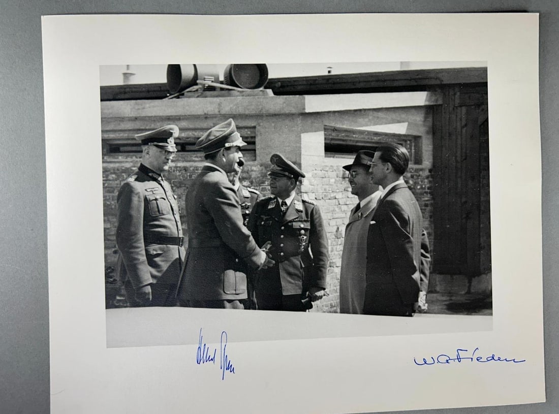 WWII Nazi German Autographed Photo Albert Speer and WIlly Fiedler: Post war photograph and autographs of Albert Speer, German Minister of Armaments, and WIlly A. Fiedler, German Aerospace expert who was involved with Nazi Germany's V-1 missile program. The autographs