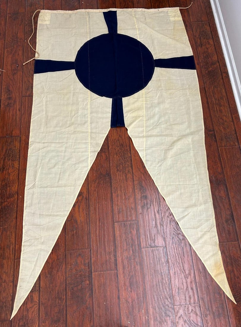 WWII Japanese Navy Navigation Control Commander Pennant - Flag: World War Two Japanese Navy Navigation Control Commander pennant - flag. 51.75" x 98.75". Hand sewn multi piece blue and white loose cotton weave construction. Each hoist end has a reinforced corner.