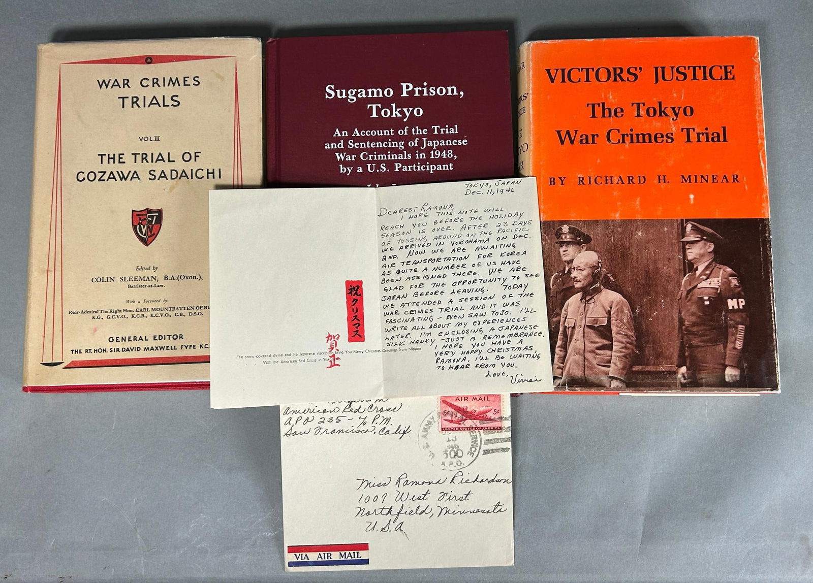 WWII 1946 Japanese War Crimes Trial American Red Cross Note and Three War Crimes Trial Books: December 11, 1946 Japanese Christmas Card from an American Red Cross Nurse stating that she attended a session of the War Crimes Trial and saw Tojo. Accompanying this are three non fiction Japanese Wa