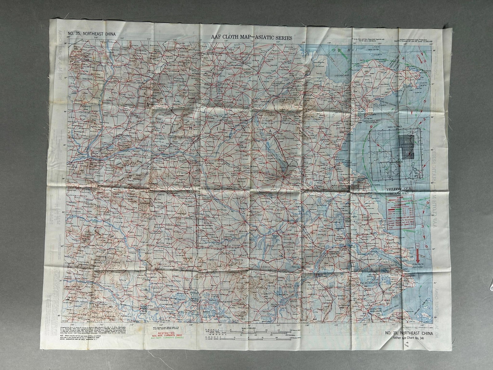 WWII U.S. AAF Silk Escape and Evasion Map China & Taiwan - Formosa: World War Two United States Army Air Force 1944 silk aviation map featuring Southeast, Formosa, East and China Seas on one side and the Northeast China and the Yellow Sea on the other. Map measures 20