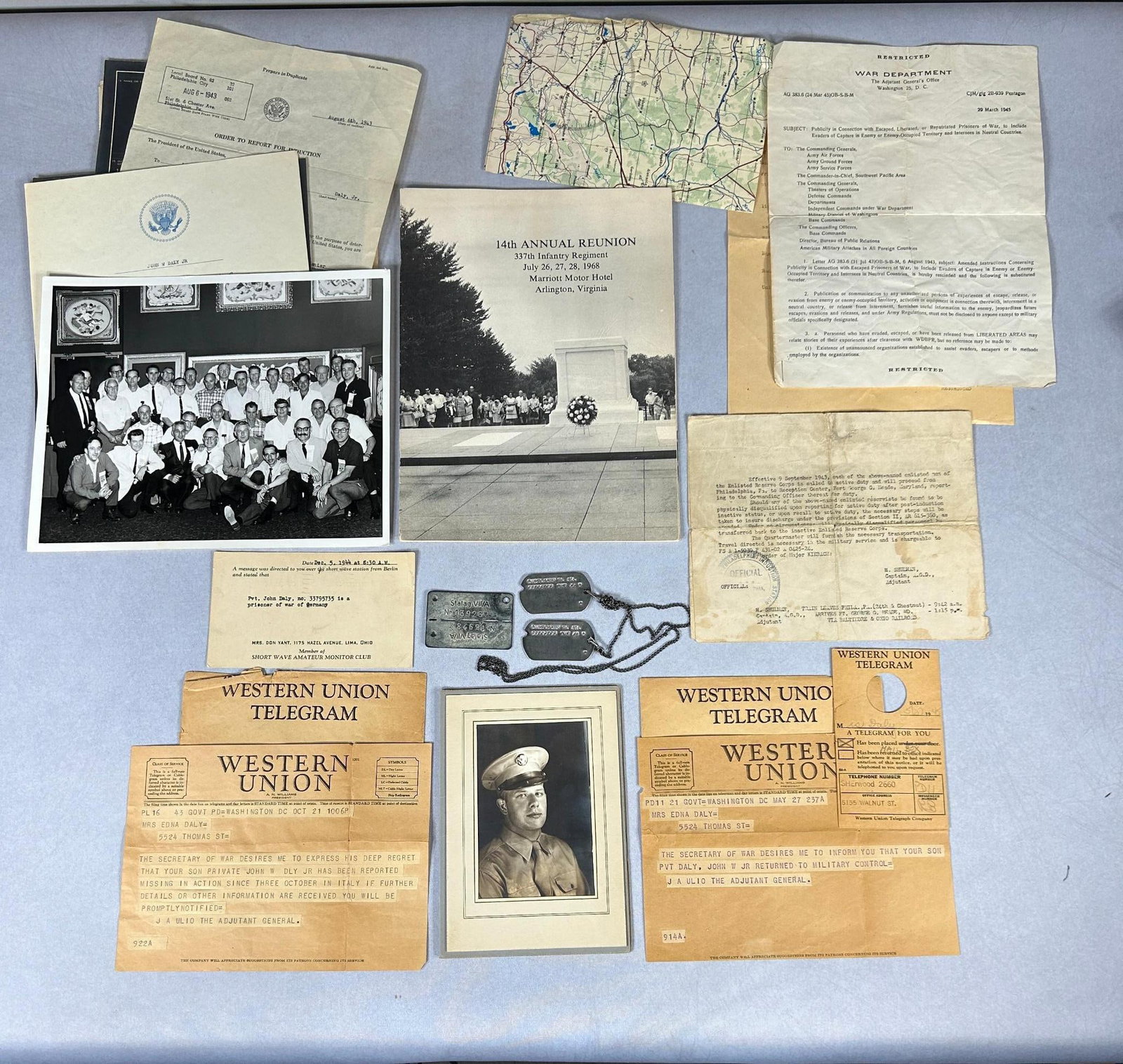 WWII U.S. 85th Division, 337th Infantry POW Group: World War Two grouping identified to John W. Daly Jr. who was a Private in Co. E 337th Infantry, 85th Infantry Division. He was a resident of Philadelphia, Pennsylvania. Daly was captured in Italy in 