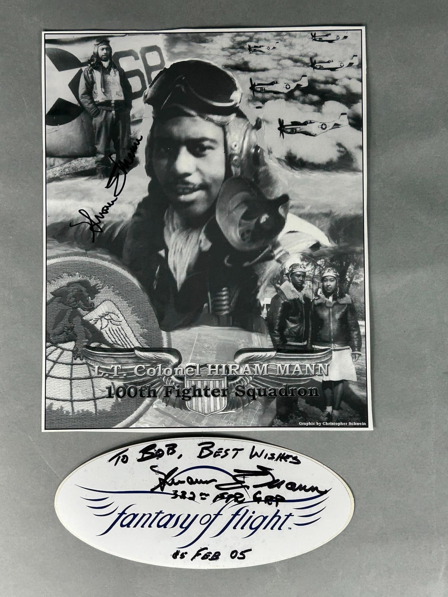 WWII Tuskegee Airmen Hiram Mann Autograph lot - U.S. Army Air Force: World War Two Tuskegee Airman Hiram Mann autograph lot including a 7.75" x 9.625" autographed photograph of Mann and an autographed "fantasy of flight" sticker. Mann piloted a P-51D Mustang and flew 4