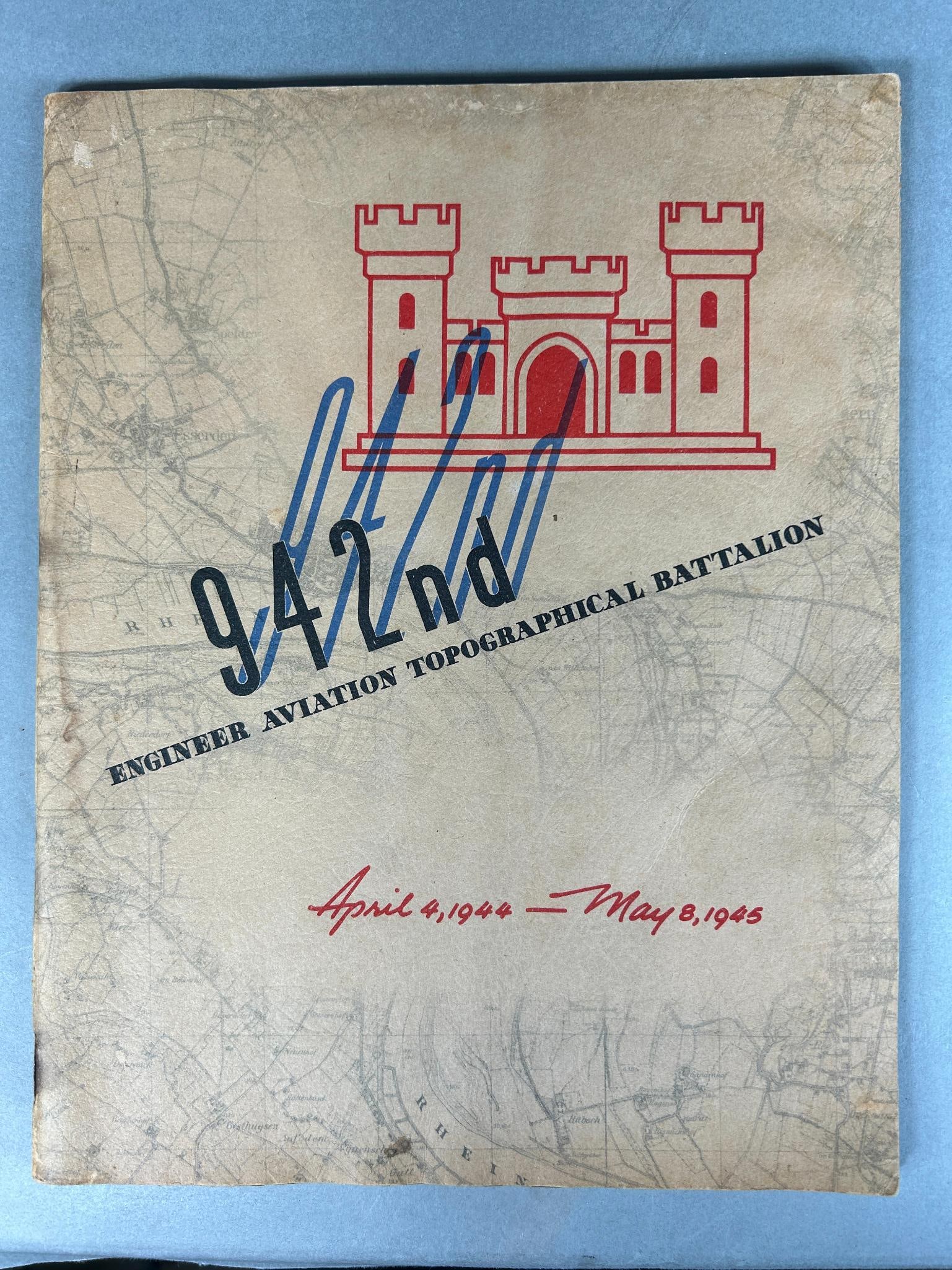 WWII Unit History 942nd Engineer Aviation Topographical Battalion - 8th AIr Force: World War Two 68 page soft cover book - booklet featuring a brief history of this aviation topographical unit that was very involved in preparatory work for the D-Day Normandy Invasion. This work resu