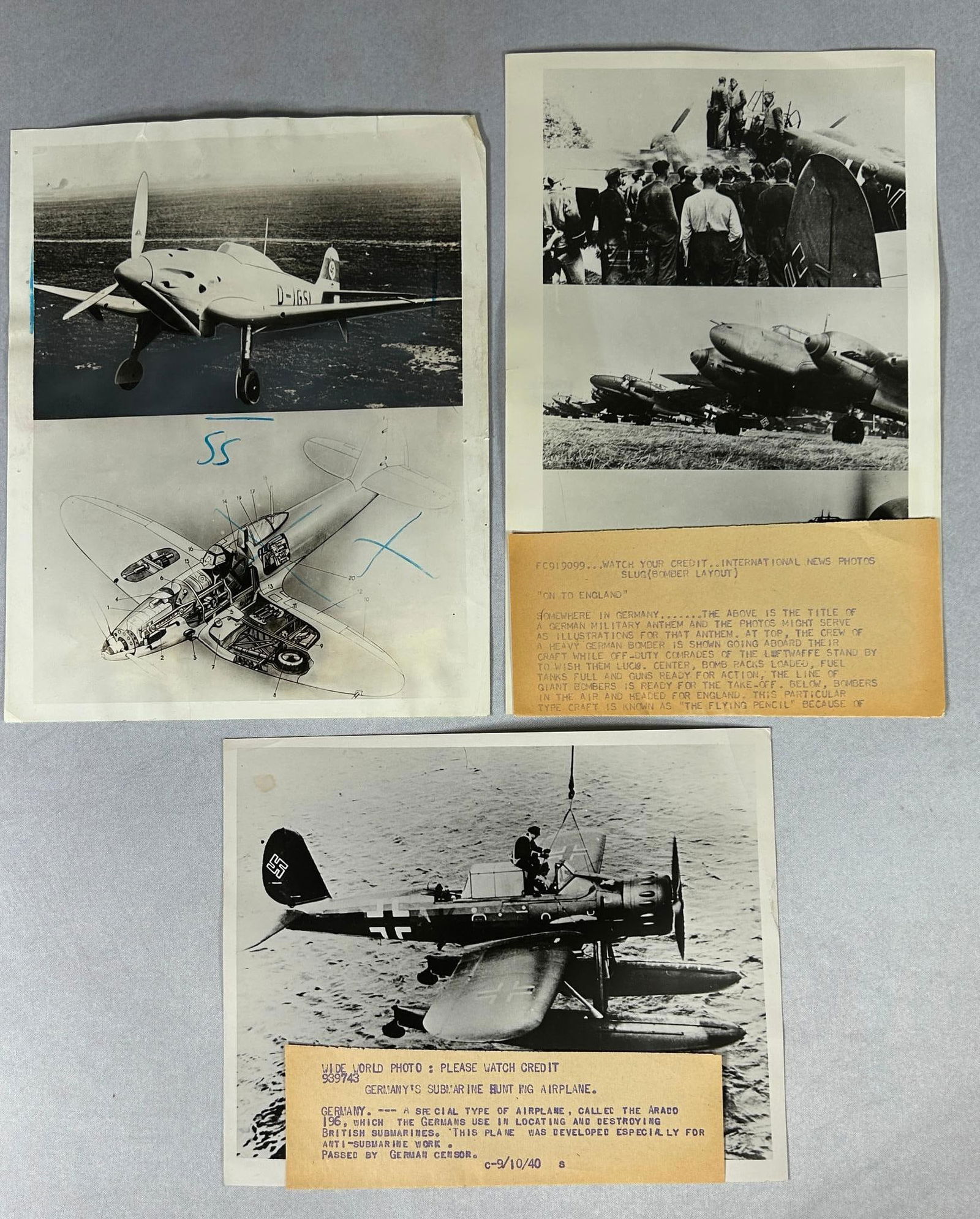 WWII British Press Photograph Lot German Luftwaffe Planes Inc. Anti Submarine Plane: World War Two early war circa 1940 original press photographs featuring photographs of the German Luftwaffe planes & personnel. Images include; 1. 7" x 9" photo of a German Arado 196, an anti submarin