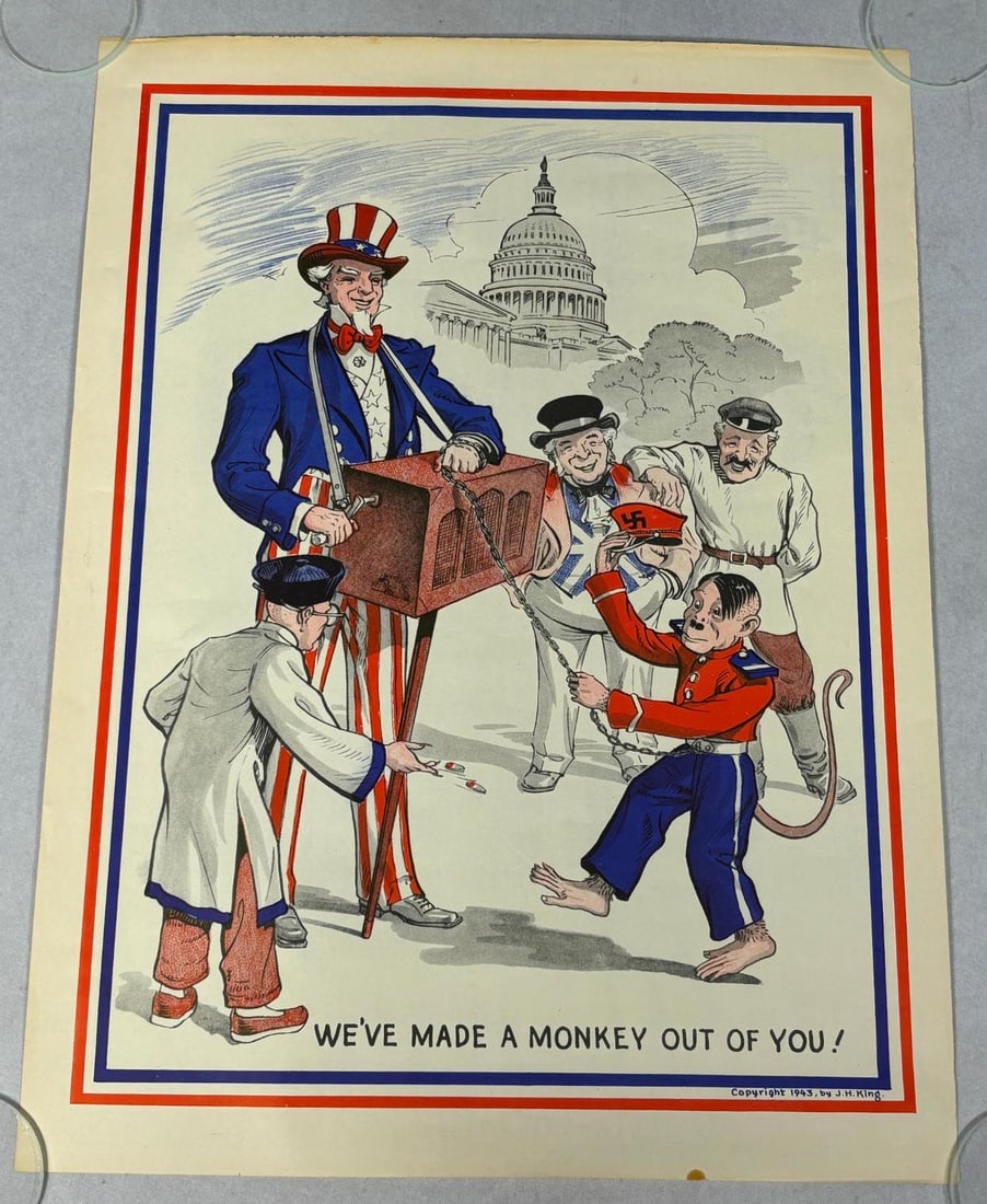 WWII 1943 Anti Adolf Hitler Poster With Uncle Sam As Organ Grinder & Hitler as Monkey: World War Two homefront Anti Nazi poster World War Two 1943 poster titled "We've Made a Monkey out of you" depicting Uncle Sam as an organ grinder and Adolf Hitler as the chained monkey. Caricatures o
