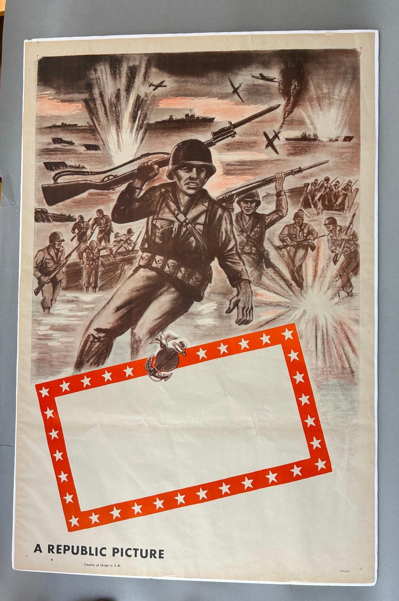 WWII U.S. Republic Films 1949 SANDS OF IWO JIMA One Sheet Movie Poster, Still Lobby Card: World War Two 41" x 27" one sheet Republic Films Patriotic United States Marine Corps Republic Films Studio movie poster - still lobby card poster for the 1949 film SANDS OF IWO JIMA. A blank 17.75" x
