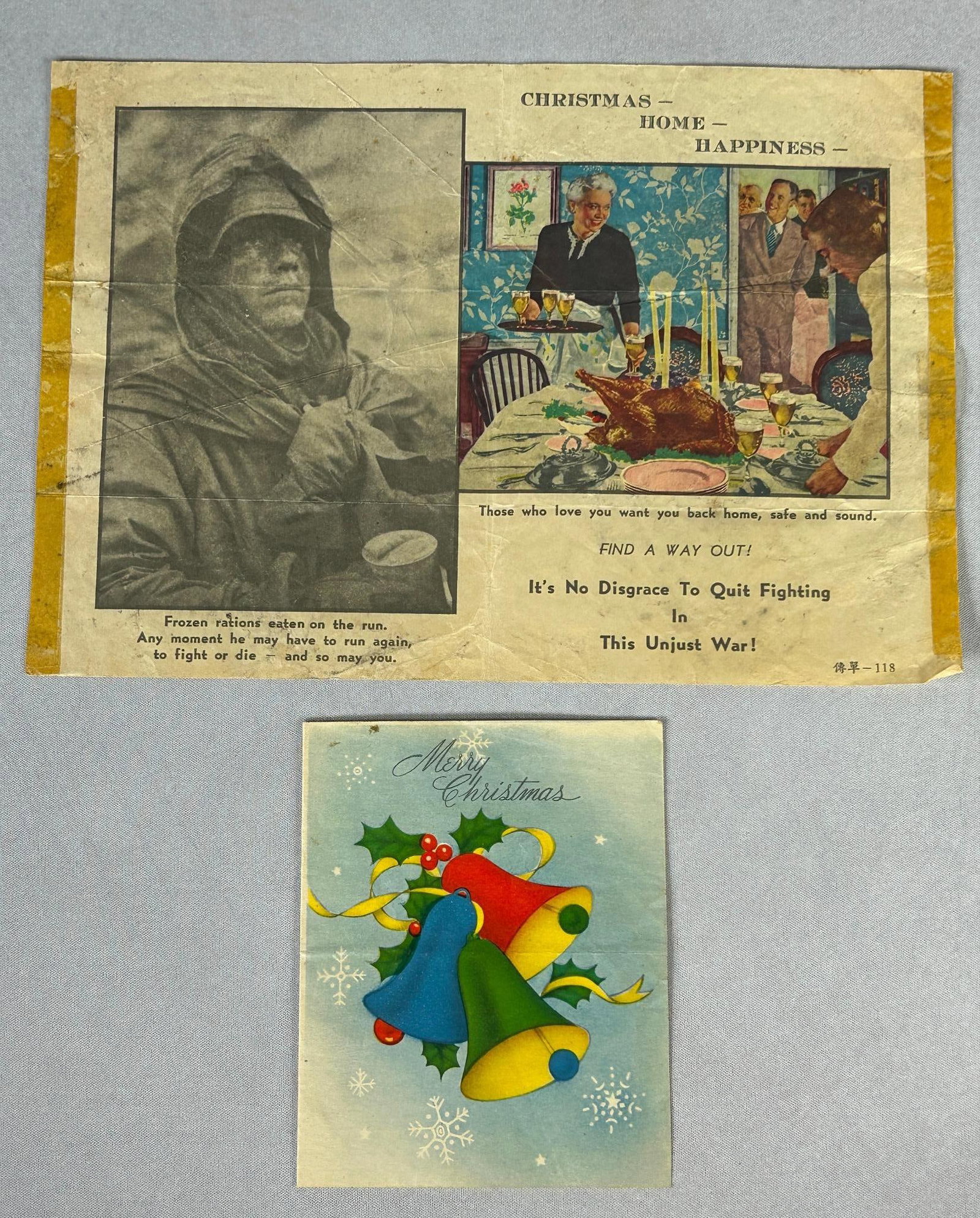 Korean War Chinese - North Korean Propaganda Christmas Card & Leaflet for U.S. & U.N. Troops: Chinese - North Korean propaganda including a Merry Christmas card that appears to be an actual Christmas card. When opened it offers greetings and a stop the war poem from the Chinese People's Volunt