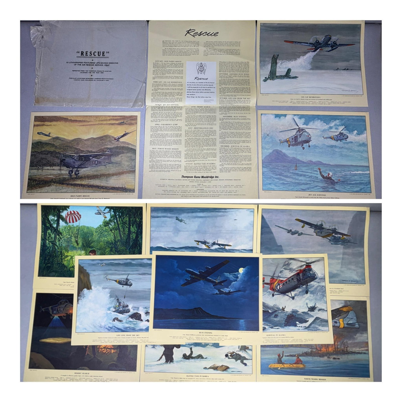 Artist Charles Hubbell U.S. Air Force 1959 Air Rescue Service Lithograph Series: Set of 12 lithographs from the advertising department of the Thompson Products Division of Thompson Ramo Wooldridge Inc., Cleveland, Ohio. These lithographs represent 12 episodes of heroic rescue miss