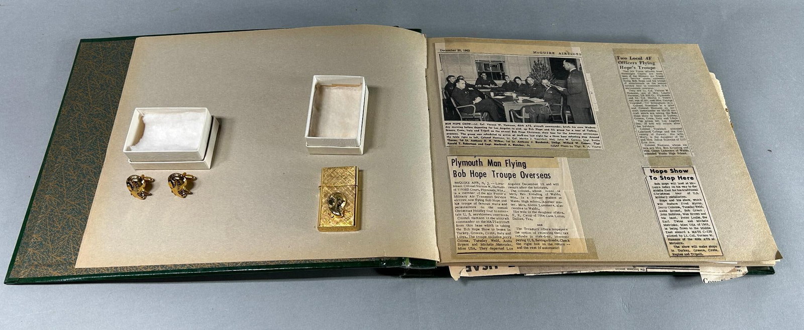 Cold War - Vietnam War Era USAF Group Vernon Hamann - World Record Holder and Bob Hope Pilot: Cold War - Vietnam War era early 1960s grouping identified to Major Vernon Hamann. Included are original 8" x 10" photographs, Hamann's scrapbook, and a Bob Hope cigarette lighter and cuff links given