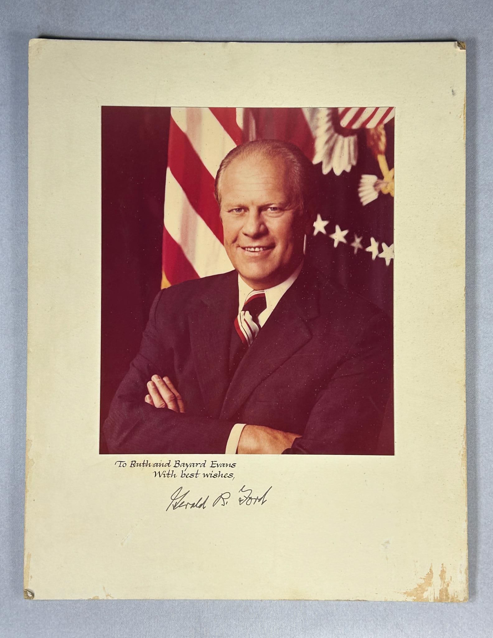 United States President Gerald R. Ford Autograph - Photograph: Autographed Photograph of President Gerald R. Ford. The photo itself measures 7.375" x 8.75" and is mounted on an 11" x 14" cardstock. Pre printed on the cardstock is the salutation, To Ruth and Bayar