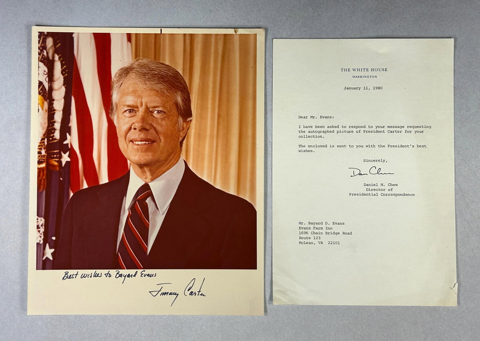 President Jimmy Carter Autographed Photograph: Autographed Photograph of President Jimmy Carter. The photo itself measures 8" x 9.75". The photo is an official White House photograph of Carter that was signed by him, "Best Wishes to Bayard Evans /