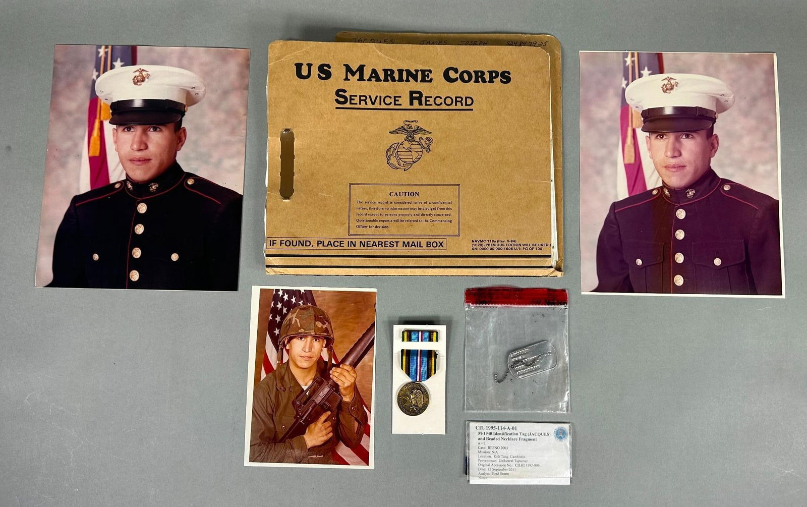 Vietnam War S.S. Mayaguez Operation USMC Casualty Grouping including Recovered Dog Tag: Vietnam War grouping related to PFC James Joseph Jacques, 2nd Battalion, 9th Marines, USMC, who was killed May 15, 1975 while on a helicopter that was shot down by Khmer Rouge forces as it approached