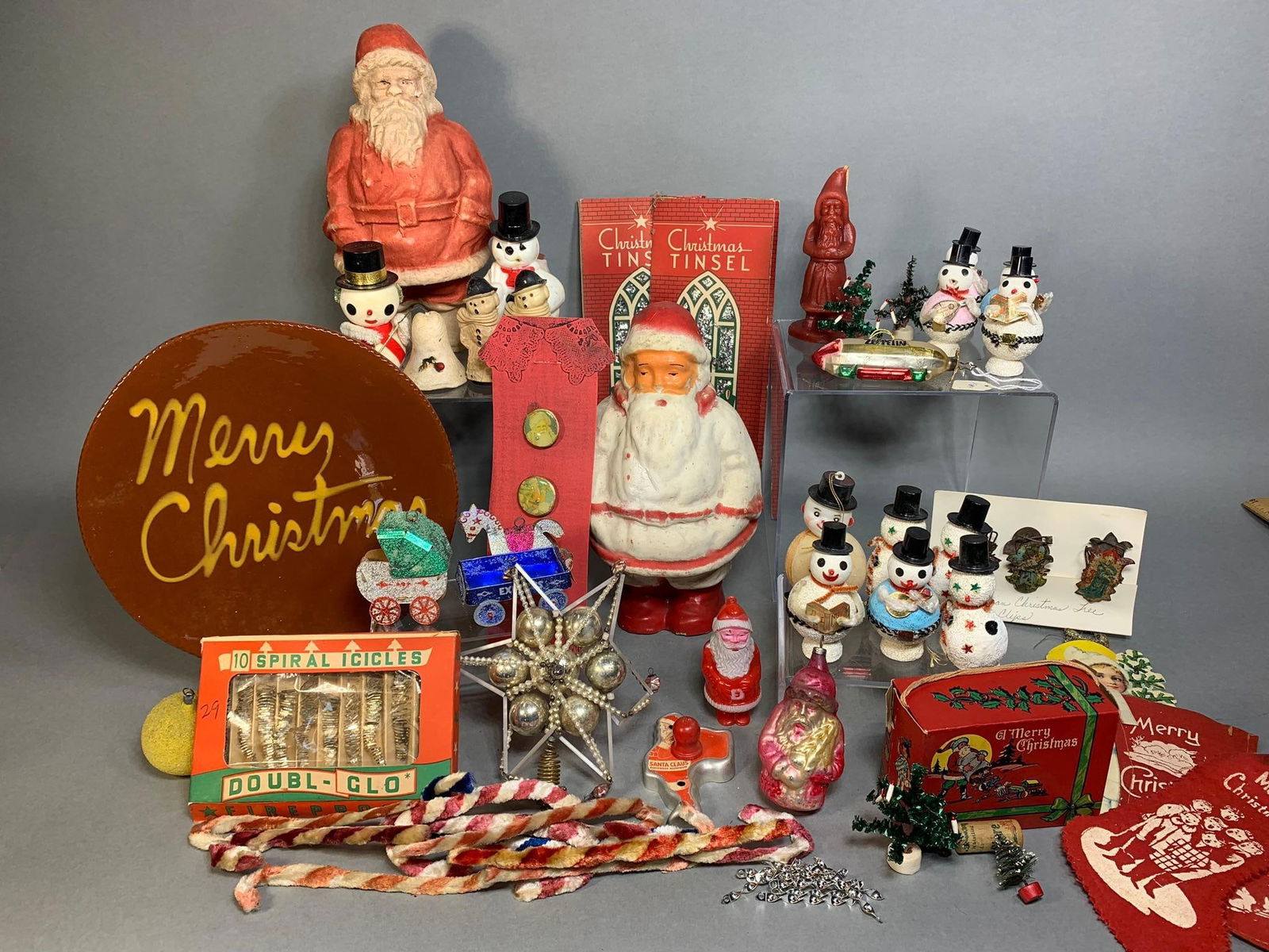 Group of Vintage Christmas Decorations: Snowmen Candy Containers, Tinsel, Victorian Candle Clips (1 of 20)
