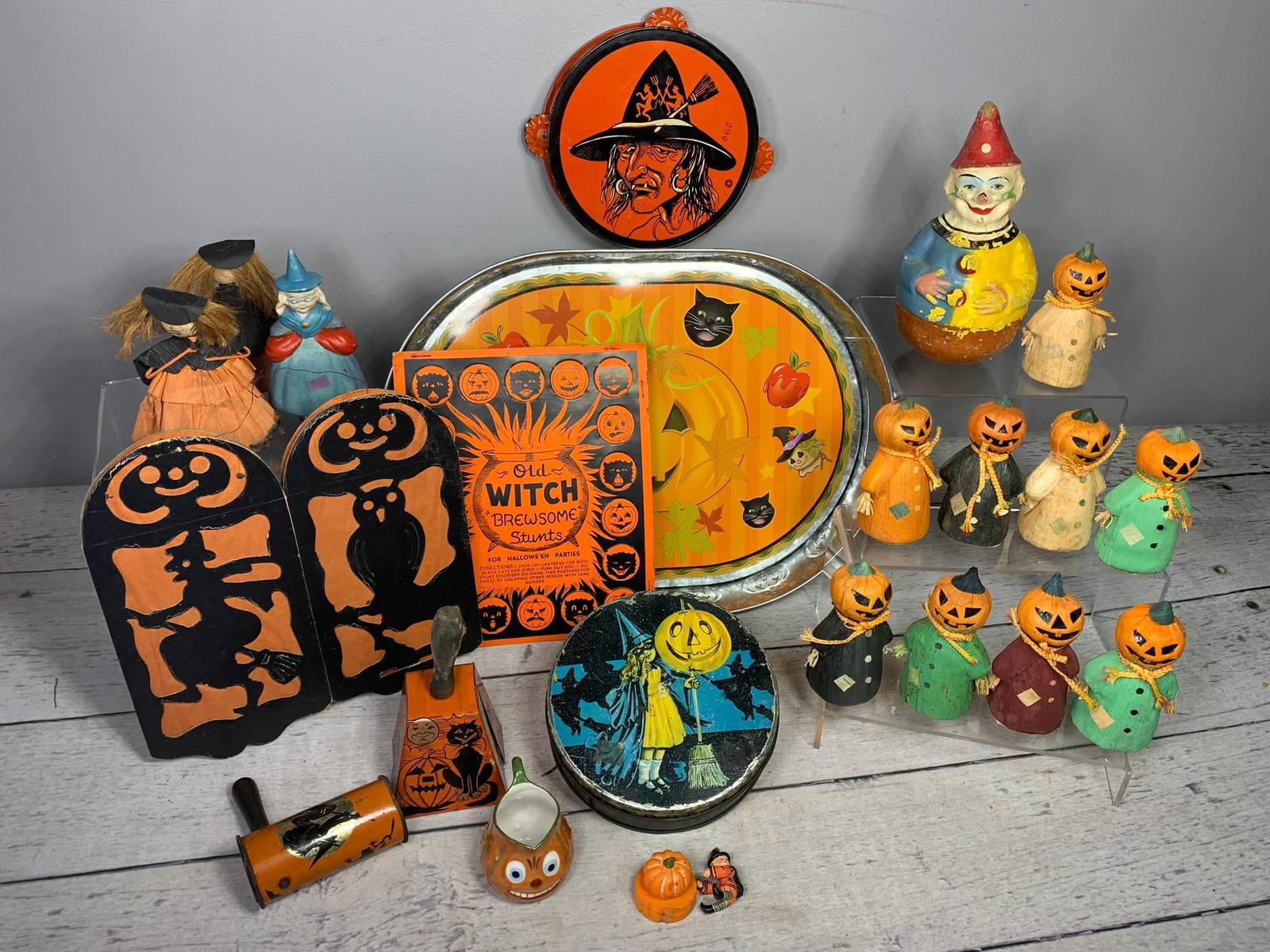 Group Of Vintage Halloween Decorations Noise Makers, Witch Tambourine