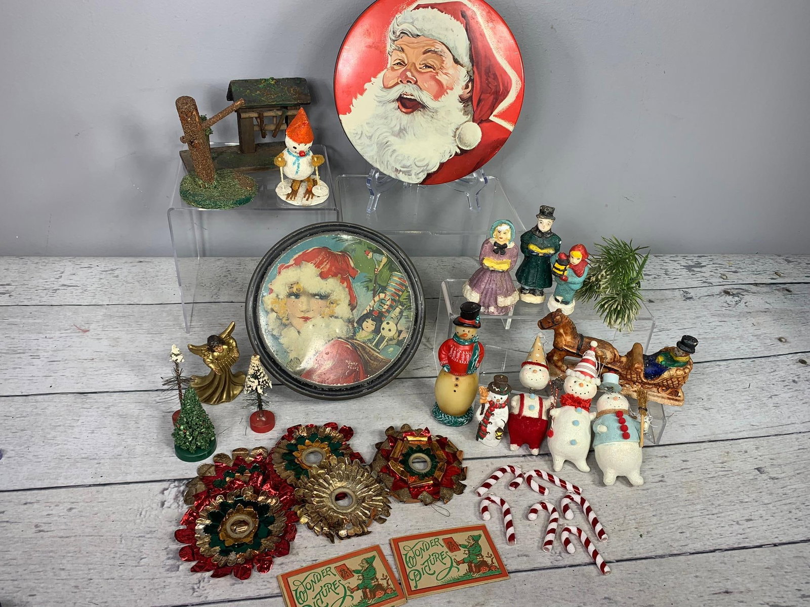 Vintage Christmas Items: Foil Candle Holders, Litho Tin Tray, Mrs. Stevens Santa Cookie Tin & More (1 of 20)