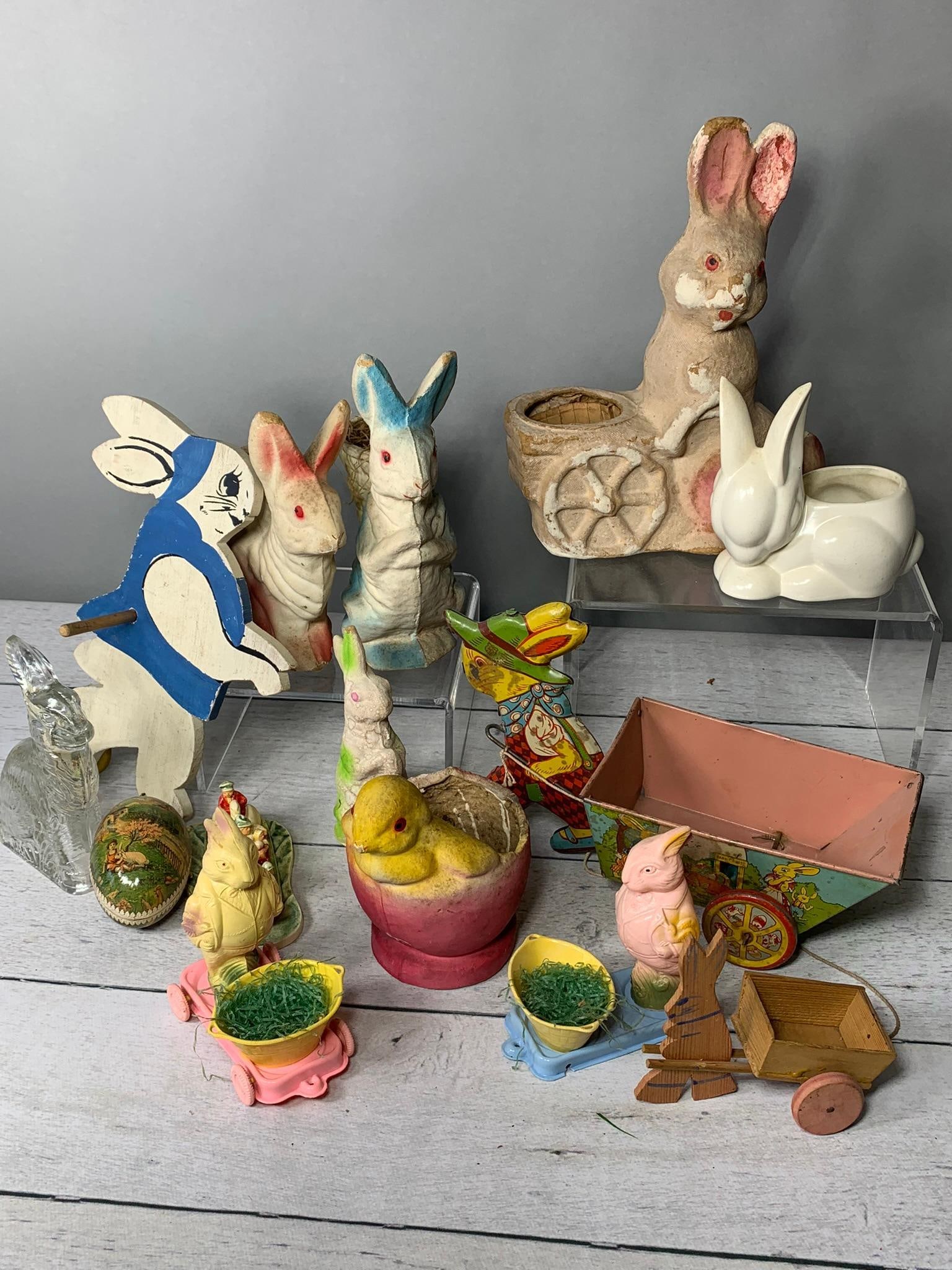 Vintage J. Chein Tin Lithograph Bunny Pulling Cart, Easter Bunny Planters Including Red Wing & More (1 of 20)