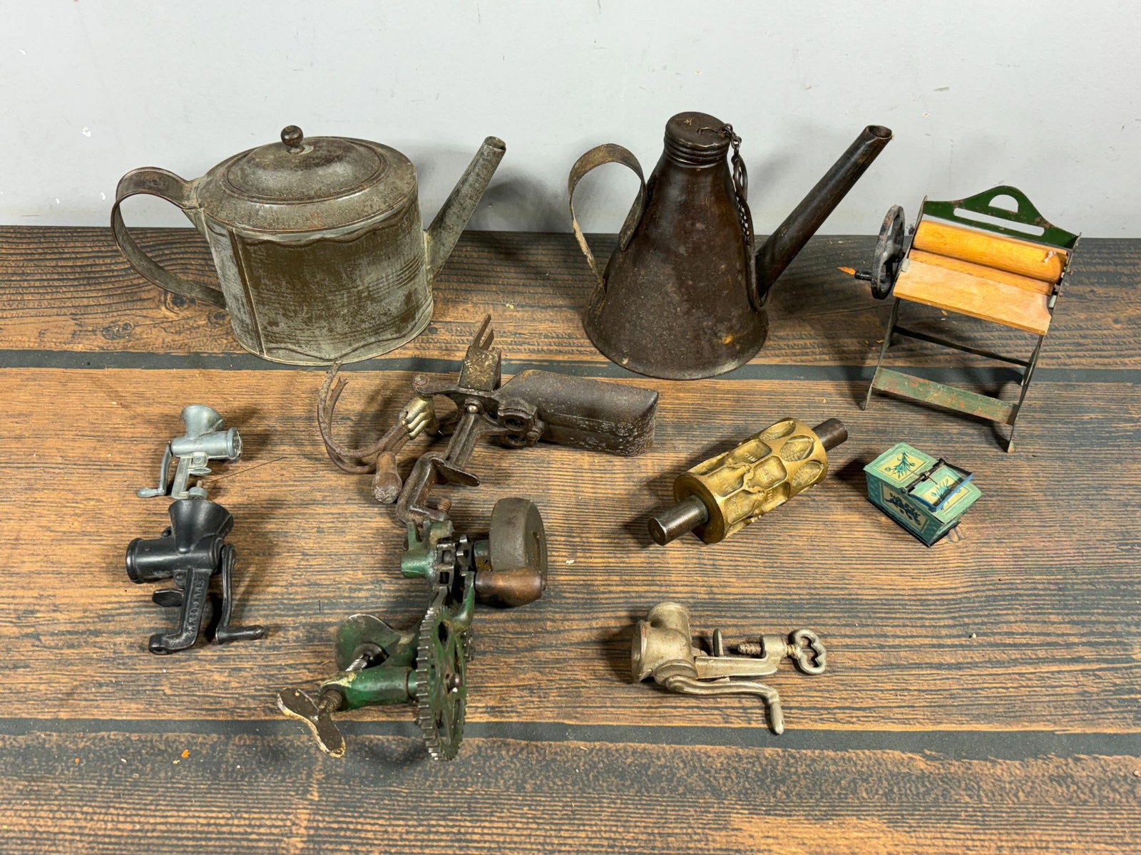 Antique Bench Grinding Tools, Tinware Pitchers, Cookie Roller Form, Miniature Printing Press & More (1 of 20)