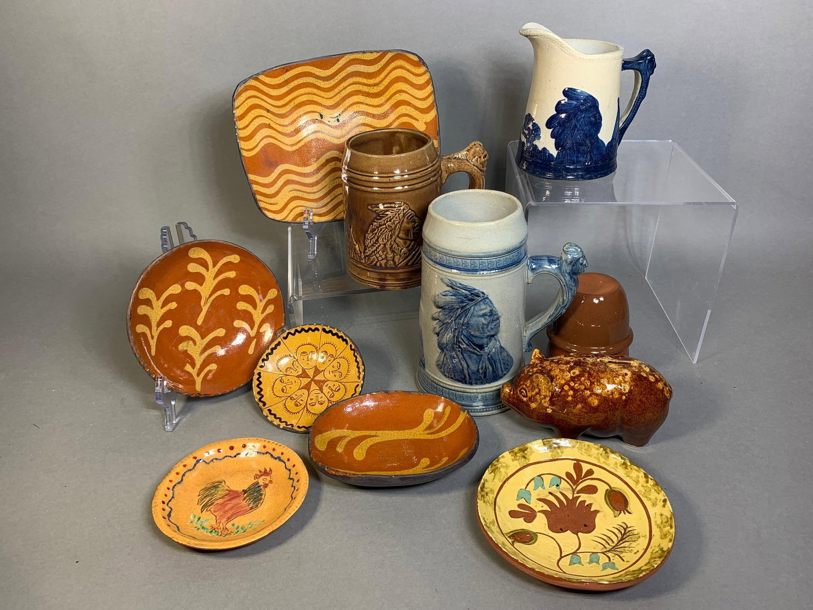 Vintage Shooner Redware, Chief Sleepy Eye Stoneware Pitcher, Blue Stein, and More (1 of 20)
