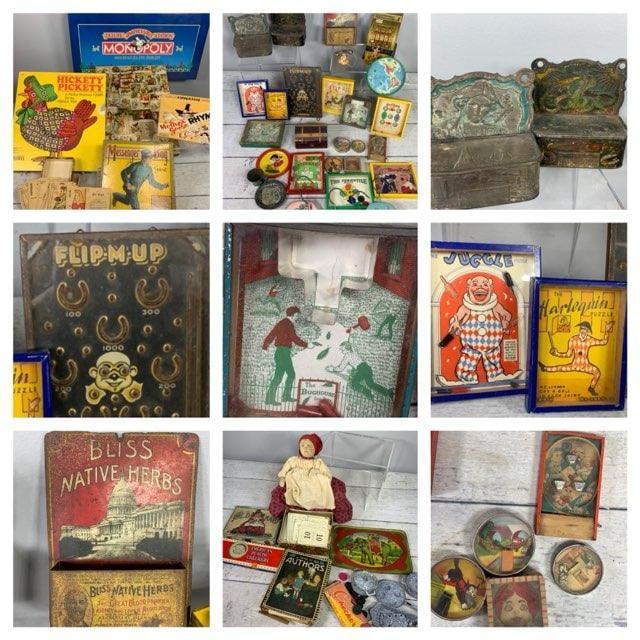 Group of Antique and Vintage Children's Games and Puzzles, Sealed Monopoly, Match Safes and More (1 of 20)