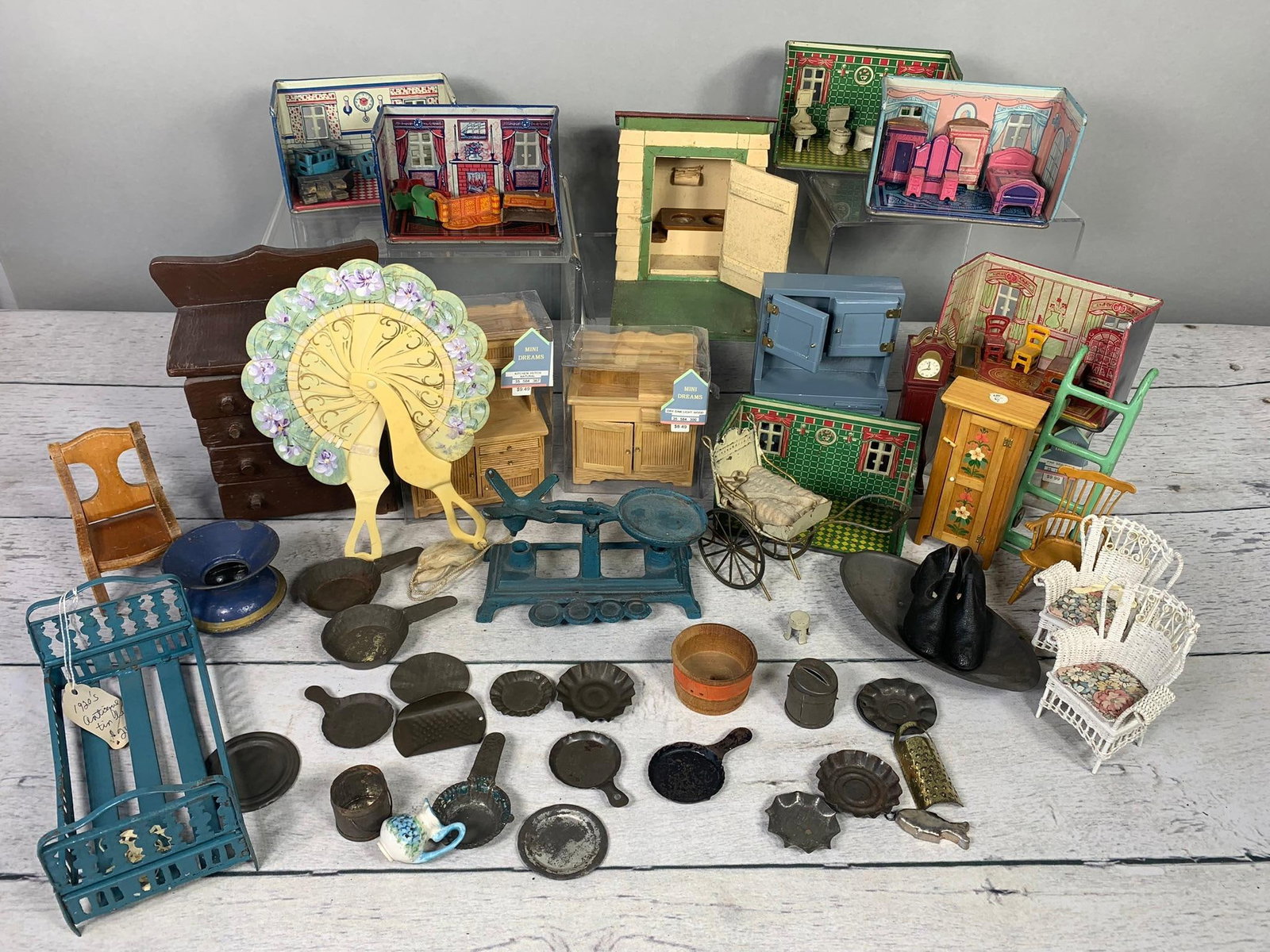 Group of Vintage Miniatures: Furniture, Pots, Pans, Lithograph Tin Room Displays, and More (1 of 18)
