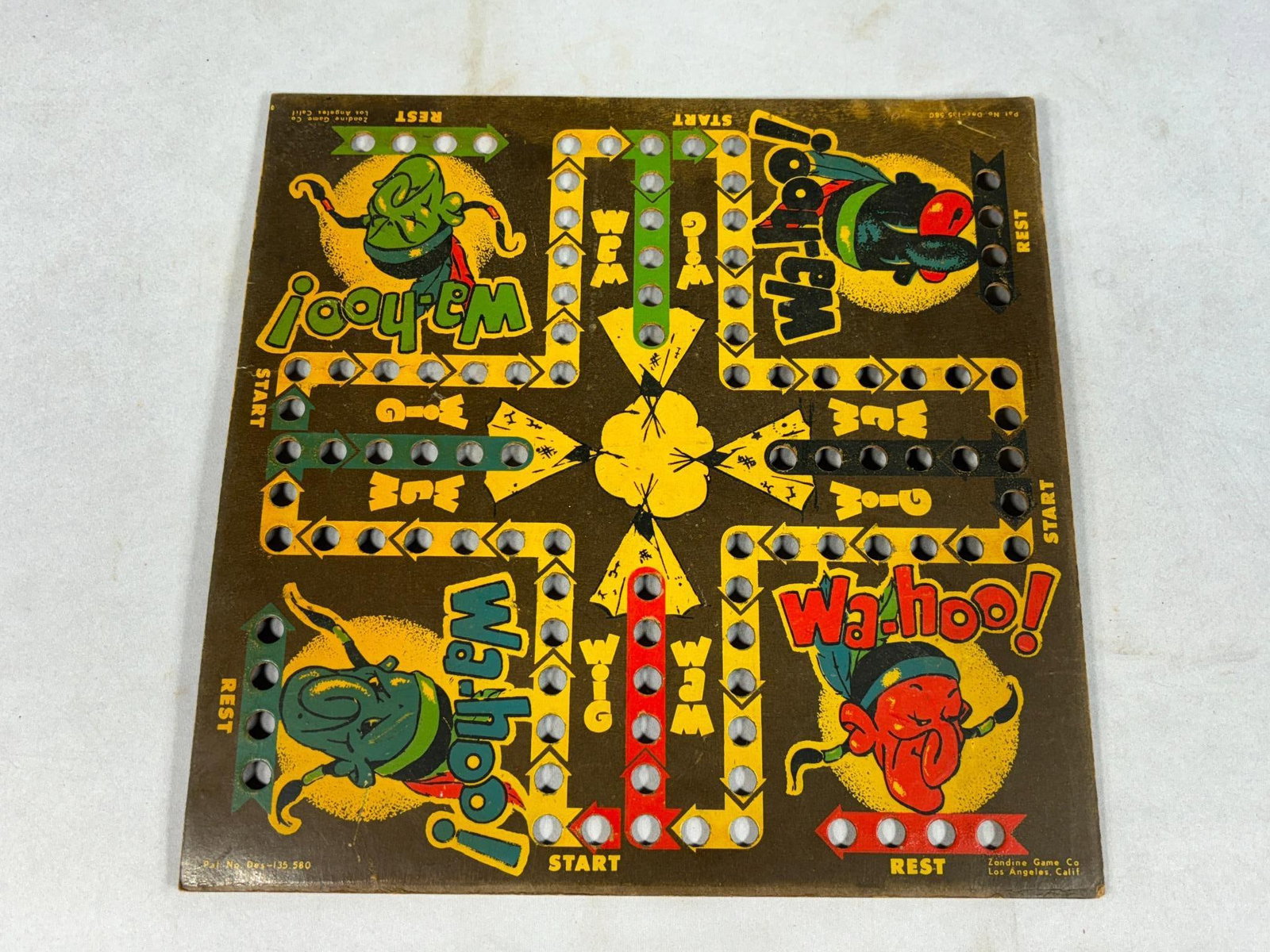 Zondine Game Board "Wa-Hoo", Los Angeles California: 15" x 15". LiveAuctioneers only gives us 20 photos per lot. We typically take many more than that. See this sale on Proxibid to see many more. In-house shipping is available. Open pickup is Friday, No
