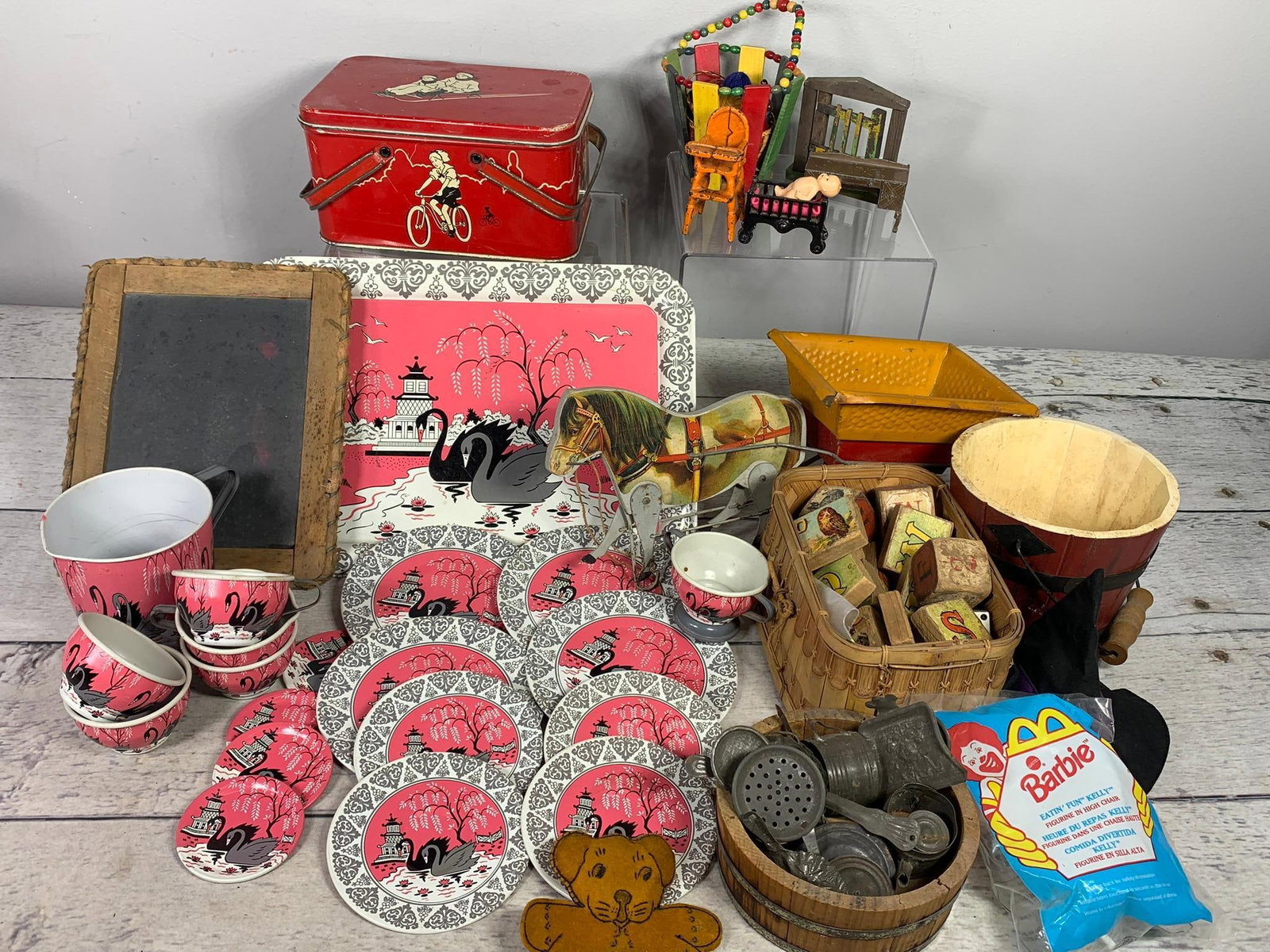 Antique Miniature Ohio Art Co. Tray, Cups and Plate, Litho Horse and Tin Wagon, Tin Lunch Box & More (1 of 20)