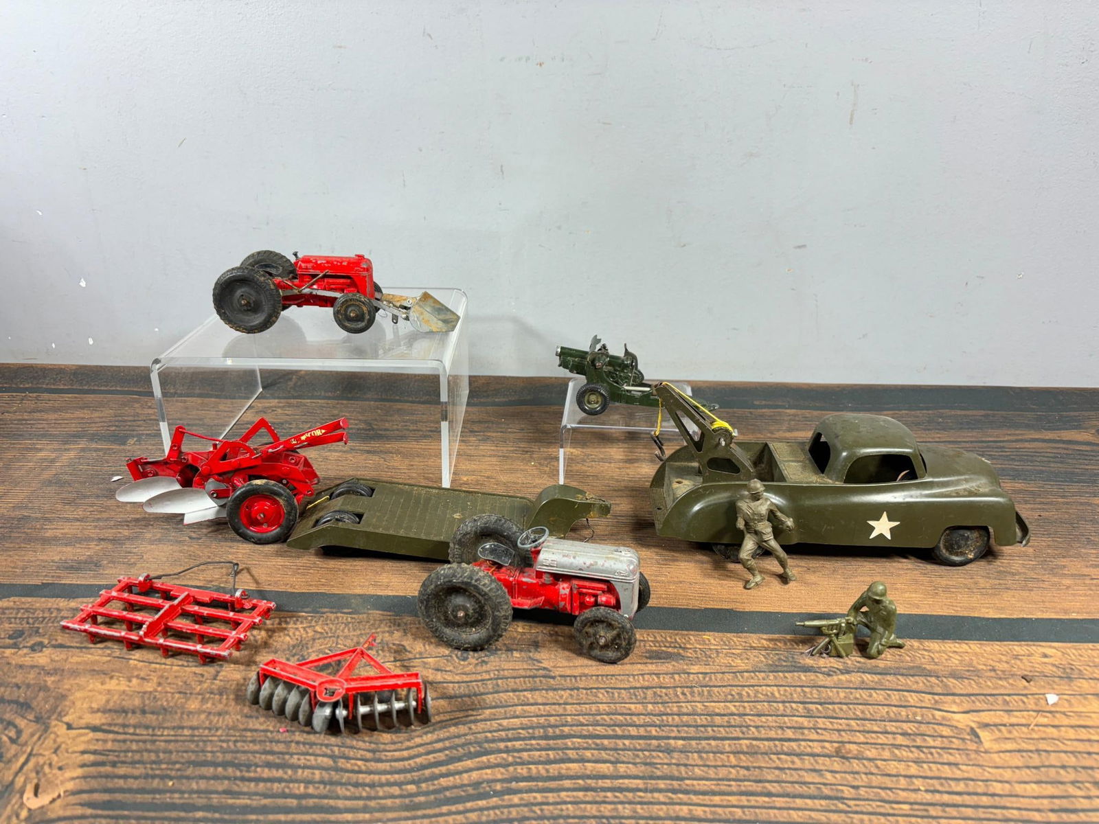 Vintage Group of Toys: B-Line Army Tow Truck and Trailer, Tootsietoy Tractors and More (1 of 12)