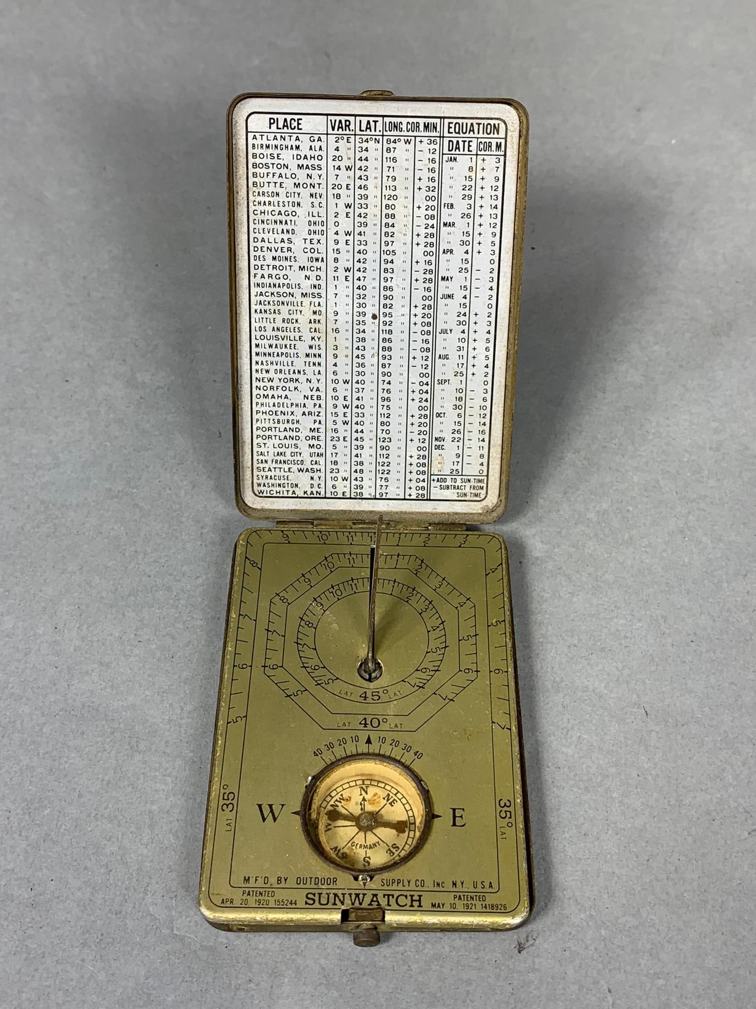 Unusual Vintage Sunwatch Compass, Sundial pat'd 1921: In-house shipping is available. Open pickup is Thursday, Nov. 21 from 10 am to 7 pm at our offices in Carroll, OH 43112 or we will provide in-house shipping for this item. We charge $5/lot if you want