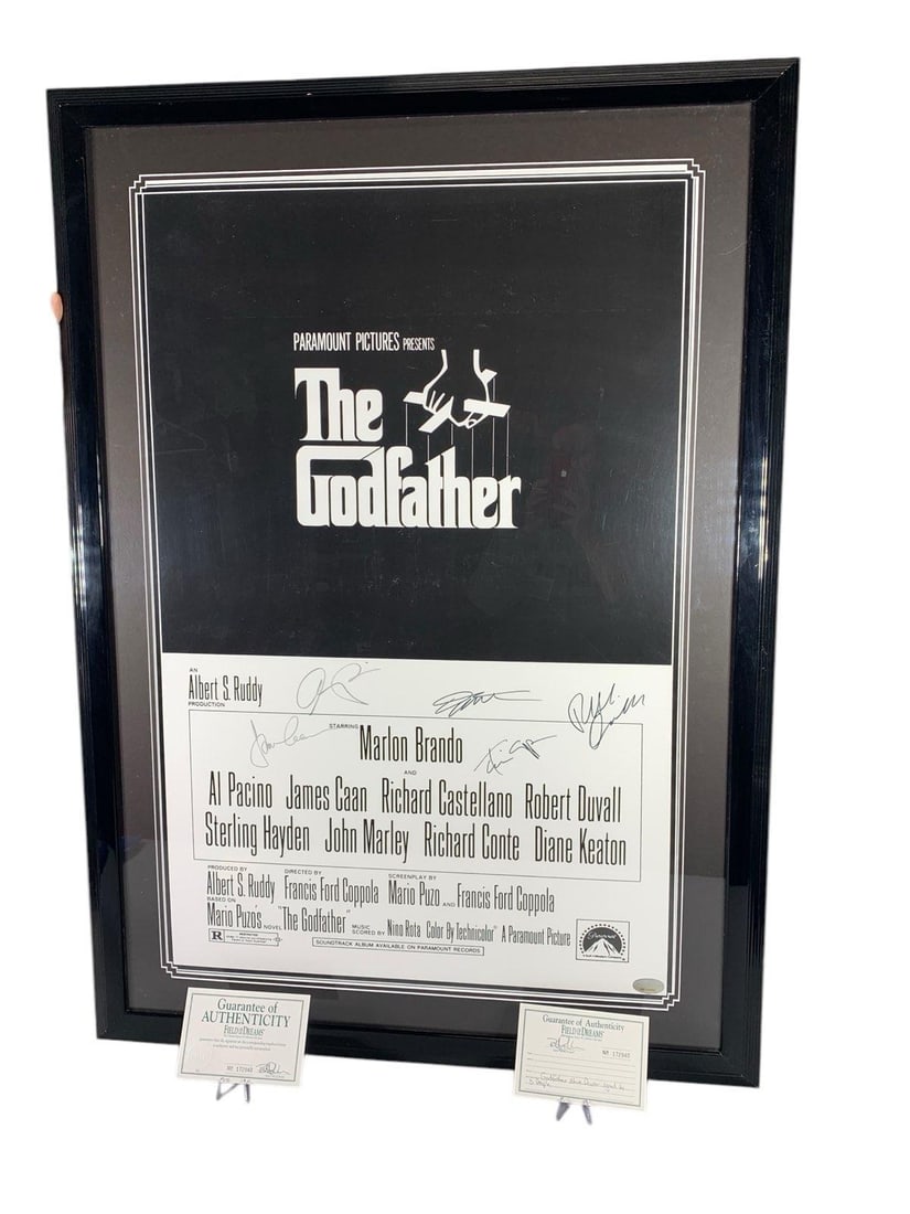 Godfather' full-size movie poster, matted and framed, signed by the cast (5): Field Of Dreams Cert: Pacino, Caan, Francis Ford Coppola, Diane Keaton, Duvall. In-house shipping is available. Open pickup is Thursday, Nov. 21 from 10 am to 7 pm at our offices in Carroll, OH 43112