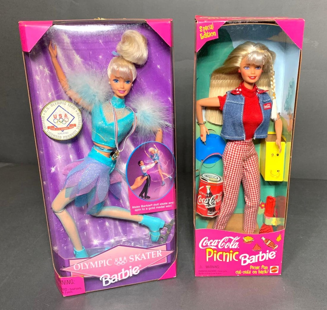 Vintage Olympic Skater Barbie Doll and Coca-Cola Picnic Barbie Doll: In original boxes. In-house shipping available. Pickup is Monday, April 7 from 1 pm to 7 pm at our offices in Lancaster, OH 43130 or we will provide in-house shipping for this item. We charge a $5/lot