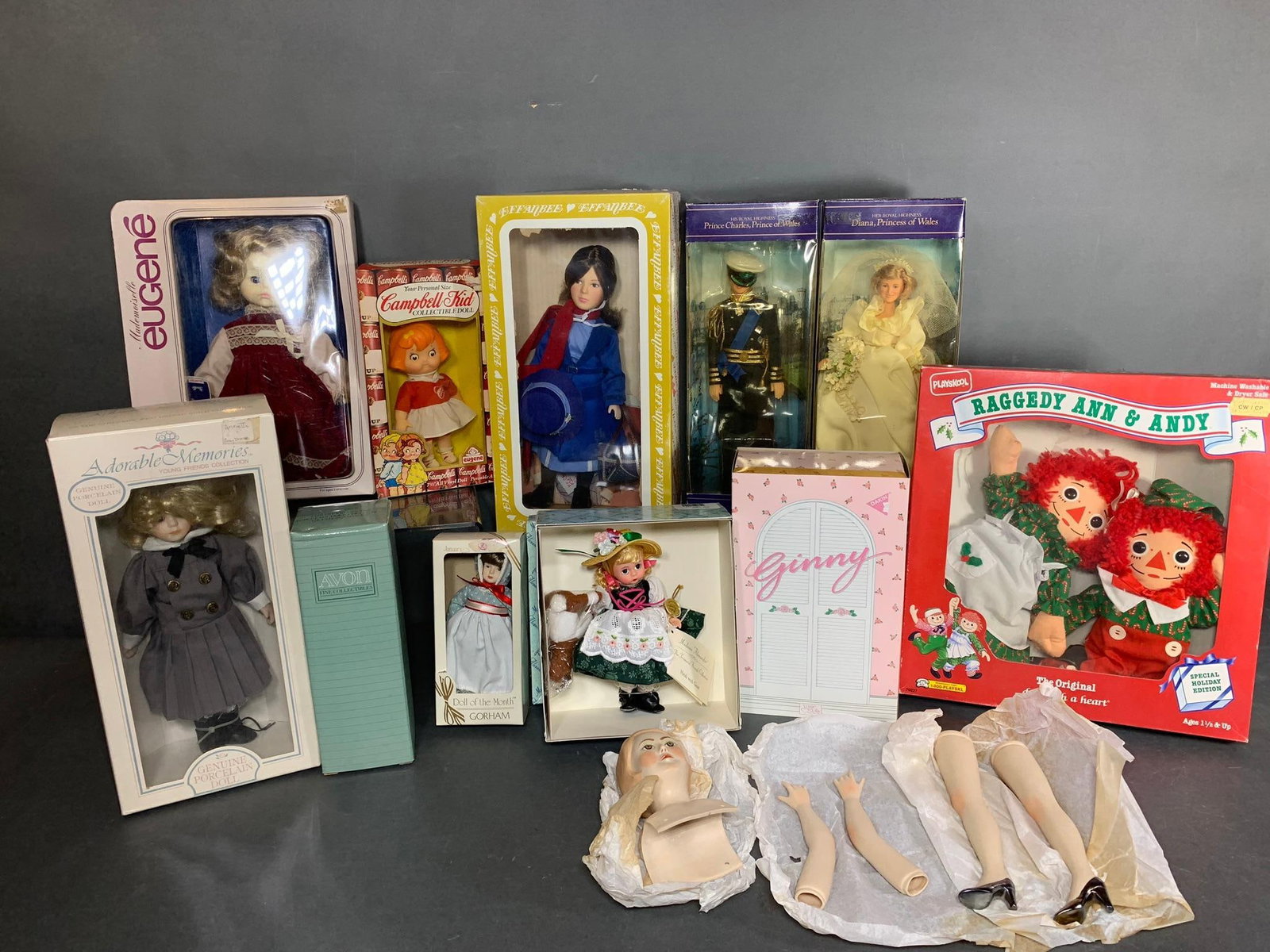 Group Lot of Various Dolls and Doll Pieces Including Effanbee and More: Most are in original boxes. In-house shipping available. Pickup is Monday, April 7 from 1 pm to 7 pm at our offices in Lancaster, OH 43130 or we will provide in-house shipping for this item. We charge