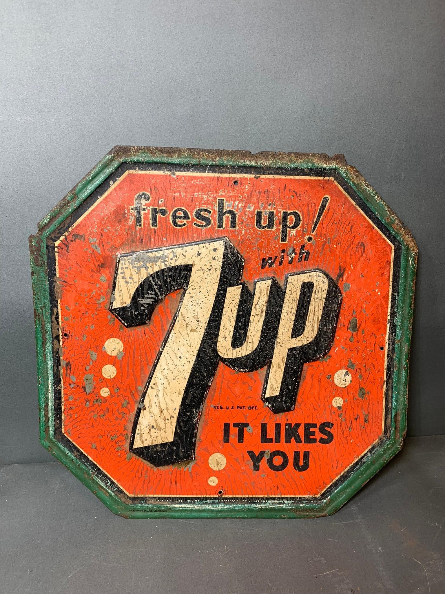 Rare Antique 7Up Freshen Up Advertising Sign: In-house shipping available. Pickup is Wednesday, April 30 from 1 pm to 7 pm at our offices in Lancaster, OH 43130 or we will provide in-house shipping for this item. We charge a $5/lot fee if you pic