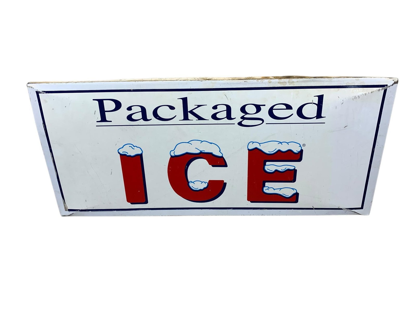 Vintage Metal sign Packaged Ice 27" x 12": In-house shipping available. Pickup is Wednesday, April 30 from 1 pm to 7 pm at our offices in Lancaster, OH 43130 or we will provide in-house shipping for this item. We charge a $5/lot fee if you pic