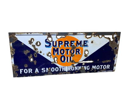 Antique Supreme Motor Oil Porcelain Enamel Sign 72" x 30" Large Size: In-house shipping available. Pickup is Wednesday, April 30 from 1 pm to 7 pm at our offices in Lancaster, OH 43130 or we will provide in-house shipping for this item. We charge a $5/lot fee if you pic