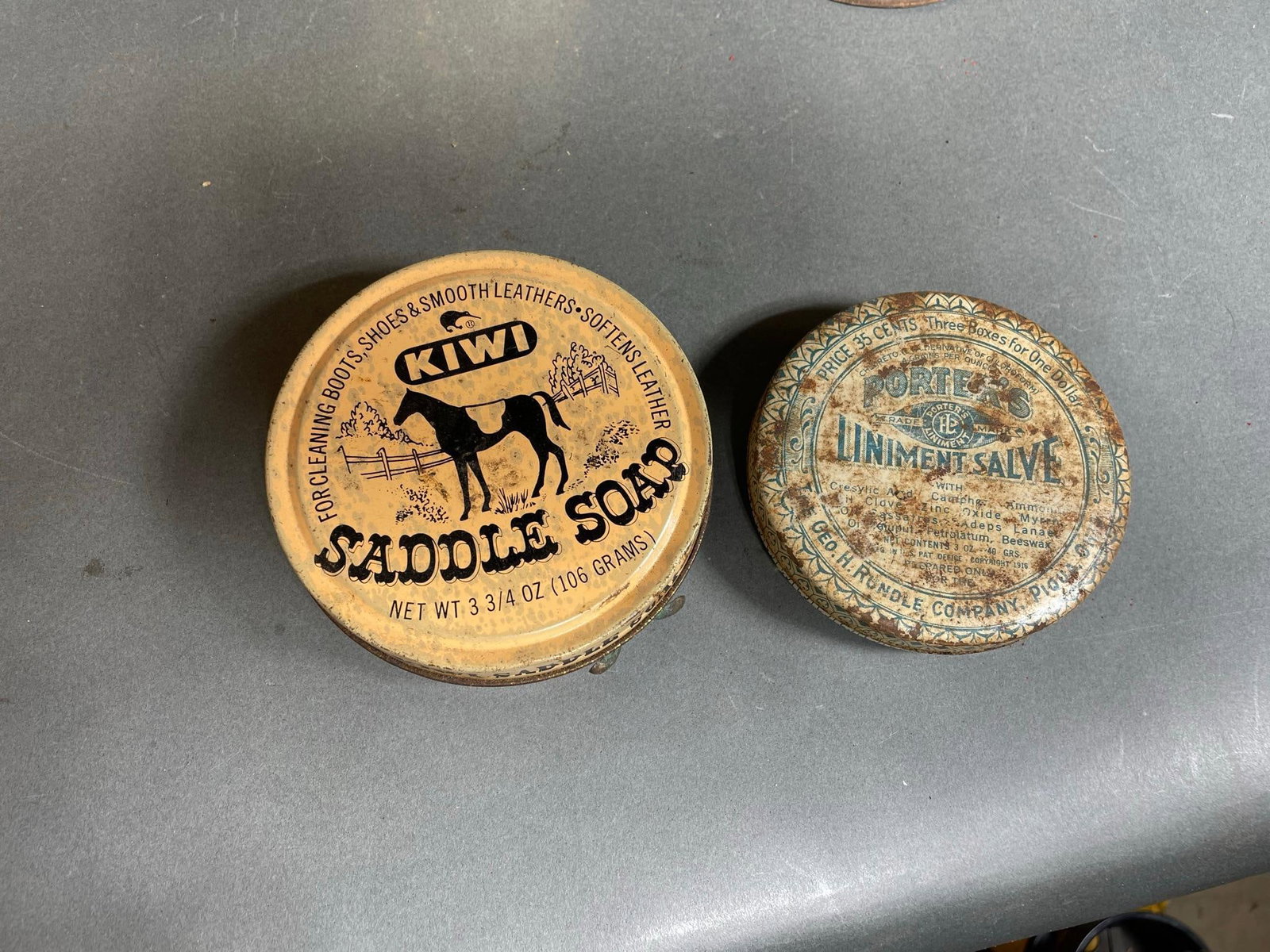 Vintage Kiwi Saddle Soap, In-B-Tween Cigariits, George Rundle Animal Liniment Oil and Grease Tins: In-house shipping available. Pickup is Wednesday, April 30 from 1 pm to 7 pm at our offices in Lancaster, OH 43130 or we will provide in-house shipping for this item. We charge a $5/lot fee if you pic
