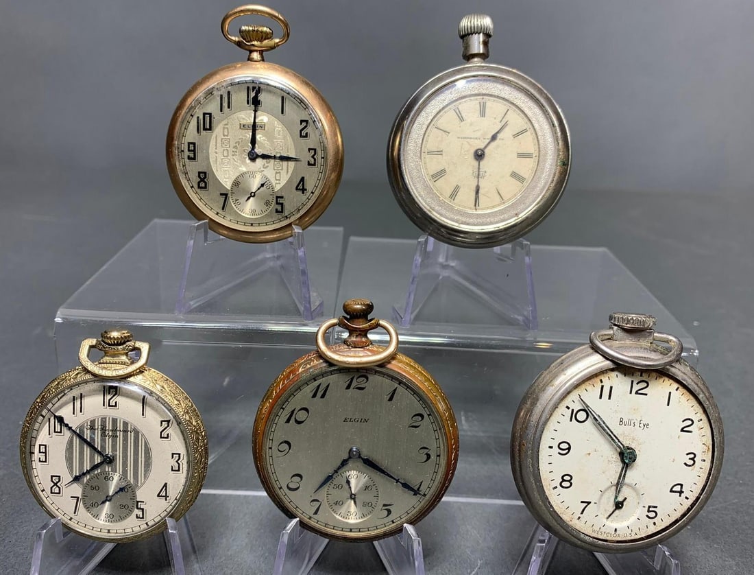 Group of Five Antique Pocket Watches: Elgin, Waterbury, Bull's Eye (1 of 20)