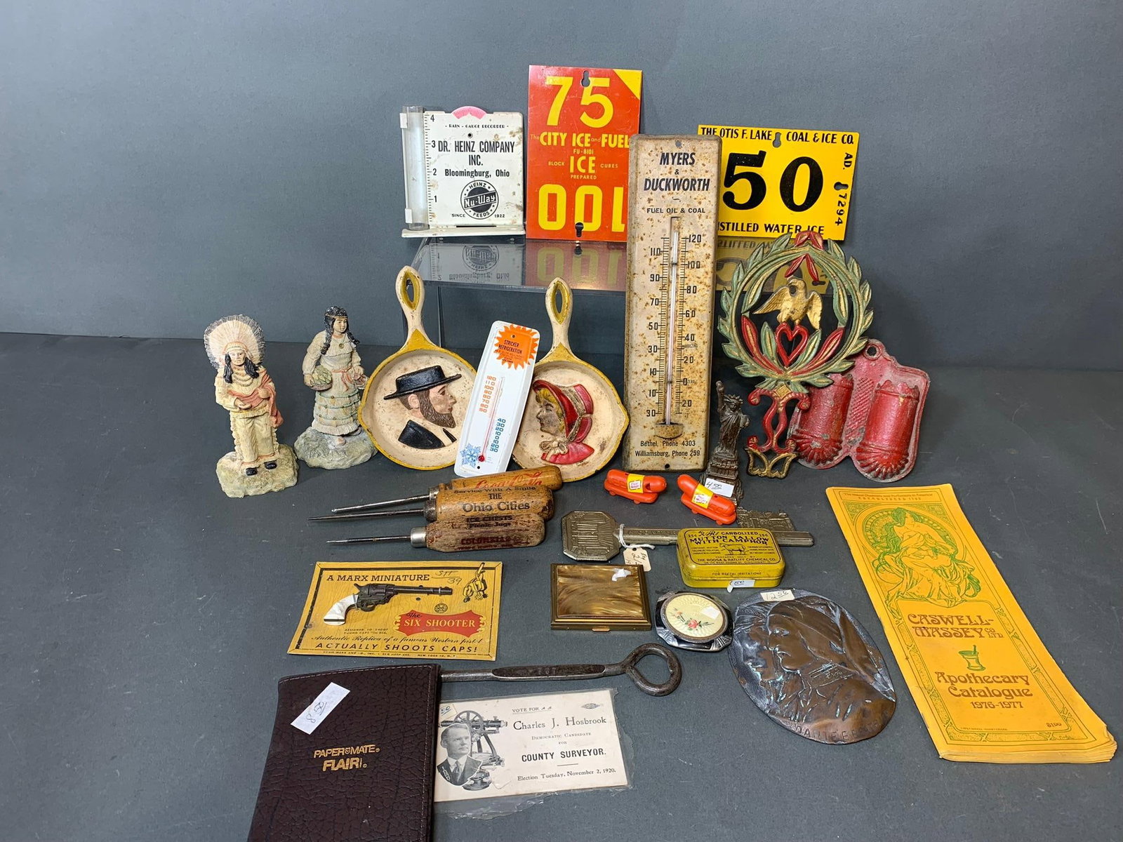 Group of Vintage Items: Cast Iron Match Stick Holder, Native American Figures, Signs, Ephemera (1 of 17)