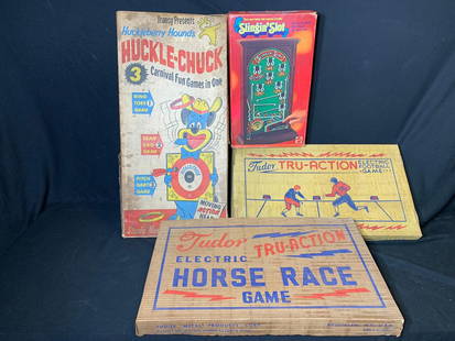 Two Tudor Vintage Electric Football and Horse Race Games, Huckle-Chuck Game and Slingin' Slot Game: Untested. In original boxes. In-house shipping available. Pickup is Wednesday, April 30 from 1 pm to 7 pm at our offices in Lancaster, OH 43130 or we will provide in-house shipping for this item. We c