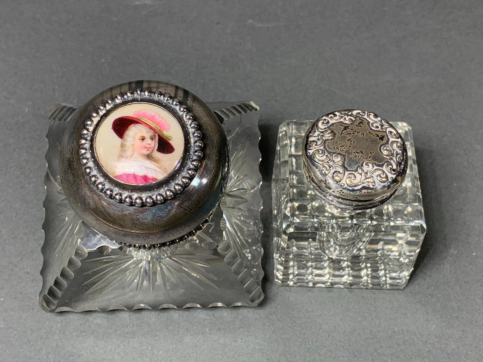Pair of Antique Glass Inkwells with Silver Tops. (1 of 15)