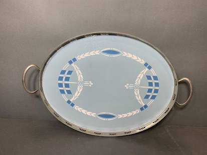 Antique Villeroy & Boch Secessionist Porcelain Serving Tray: Large metal frame with porcelain tile insert. The insert is a Secessionist style, also called Jugendstil and Art Nouveau. It measures 12" x 16" (tray without the handles). In-house shipping available.